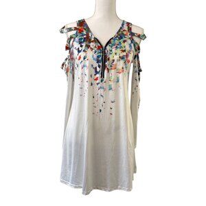 White Artsy Cold Shoulder Tunic Dress W/ Multicolor Abstract Print V-Neckline S